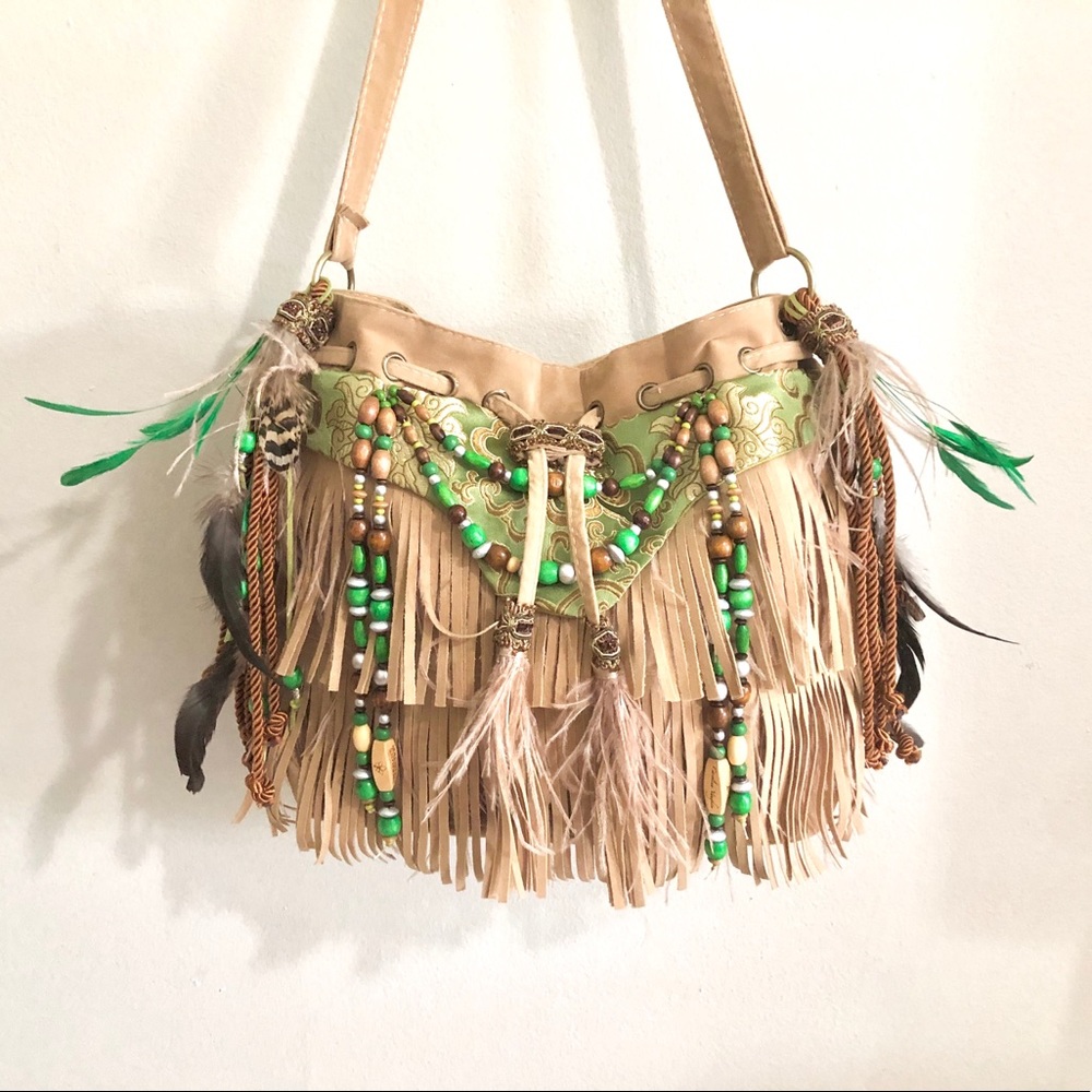 Fringe crossbody bag purse in green and tan
